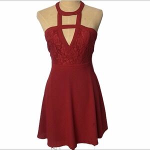 Nwt Lulu’s caged neckline lace bodice sleeveless dress SZ XS red‎